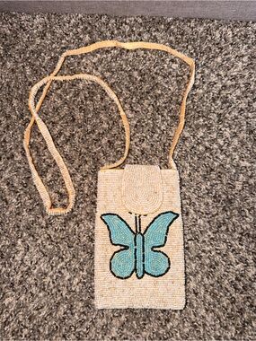 Beaded Butterfly Crossbody Bag - Cream & Turquoise